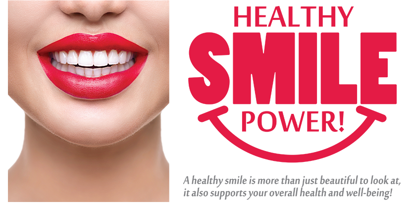 The image displays a close-up of a person s face with red lipstick, featuring the text  HEALTHY SMILE POWER  in bold letters at the bottom.